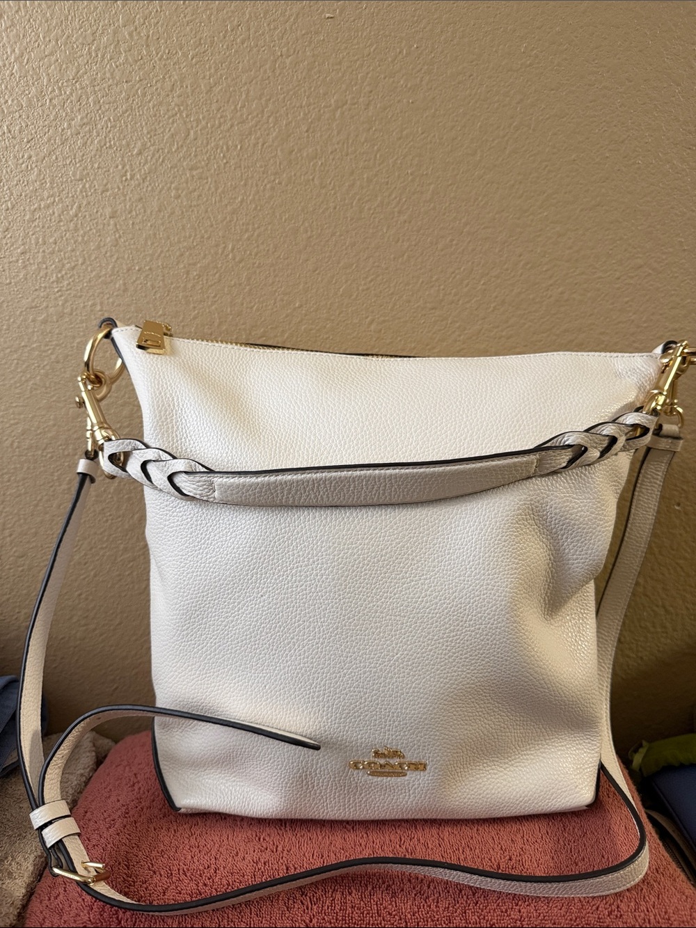 Coach White Pebbled Leather Shoulder Bag with Braided Strap